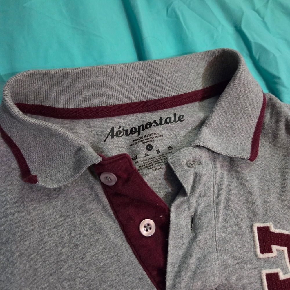 Y2k Aeropostale Mens Large Polo Shirt Gray Burgundy AERO NY Logo Short Sleeve L - Picture 3 of 6